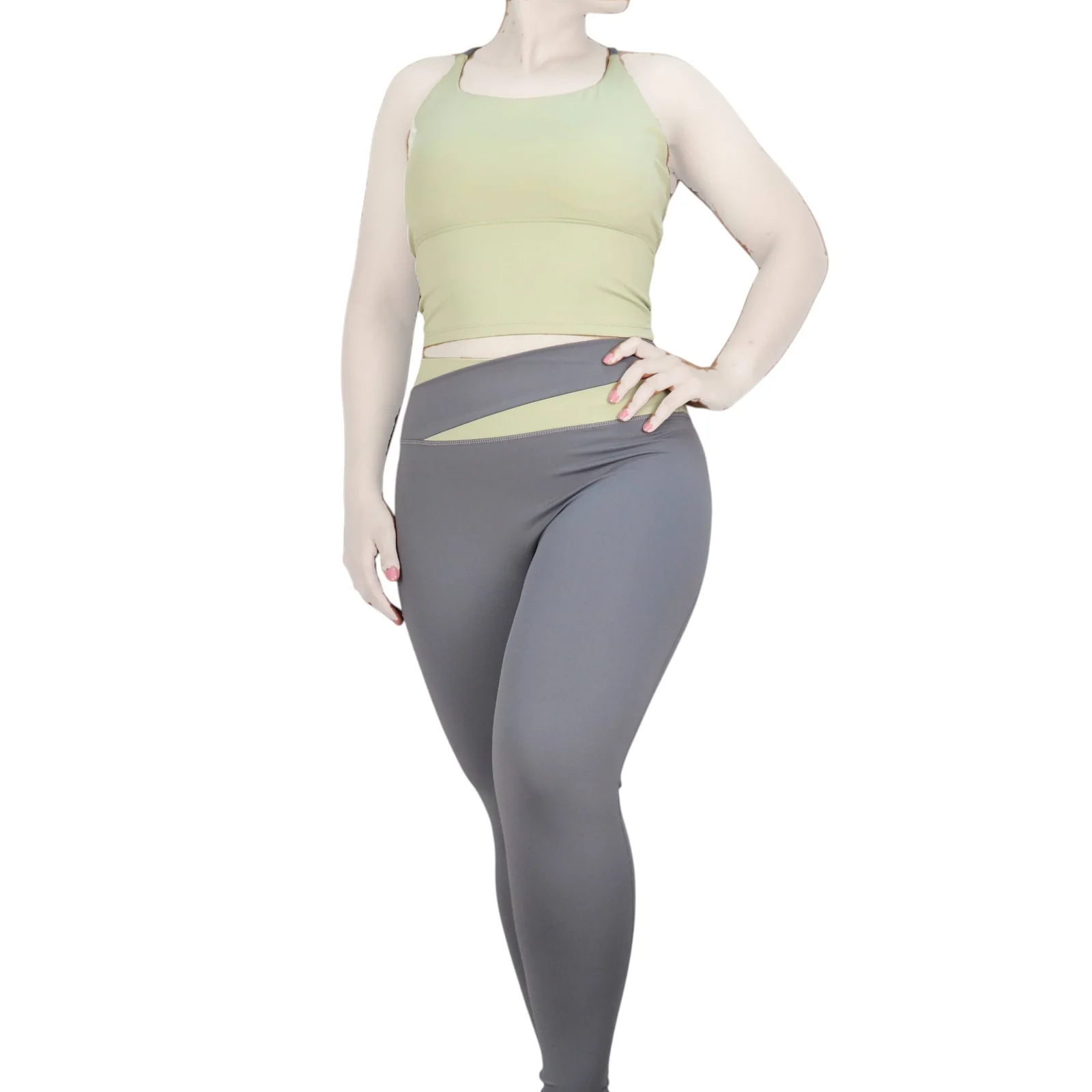 ست کراپ تاپ و لگ زنانه نانو تنفسی JYT001 ست کراپ تاپ و لگ ورزشی زنانه JYT001 سبز روشن و طوسی نمای روبهرو