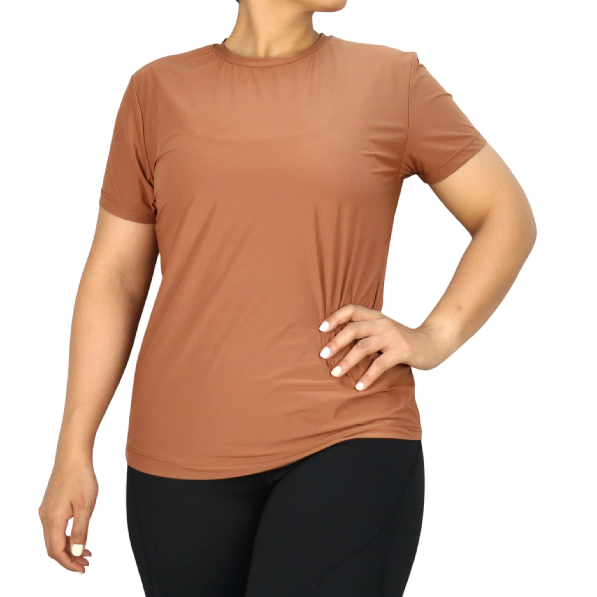 womens-nano-breathable-sports-tshirt-alo-2062-terracotta-front تیشرت ورزشی زنانه نانو تنفسی alo 2062 رنگ قهوهای نمای جلو