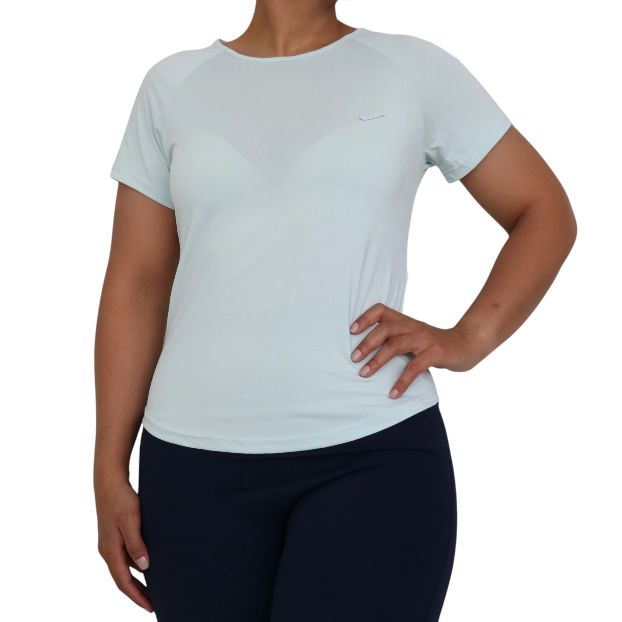 womens-nike-mesh-back-sports-tshirt-a108-mint-front نمای جلو رنگ سبز تیشرت ورزشی زنانه پشت تور نایکی A108